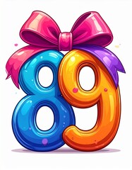 Number 89 wrapped with a festive ribbon on a white background. Image for birthday or anniversary party