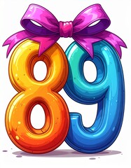 Number 89 wrapped with a festive ribbon on a white background. Image for birthday or anniversary party
