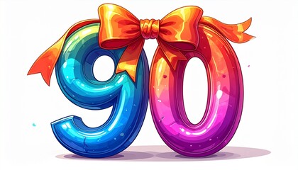 Number 90 wrapped with a festive ribbon on a white background. Image for birthday or anniversary party