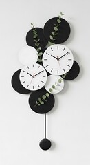 Modern black and white wall clock with green leaves decoration interior design