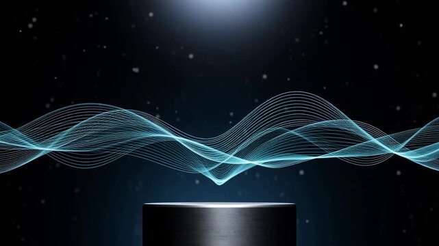 Visual representation of fluid dynamics in a dark environment with a glowing light source above a surface, showcasing liquid motion and waves