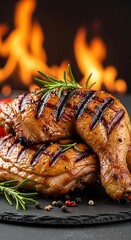 Grilled chicken thighs on black plate with rosemary and spices in front of fire
