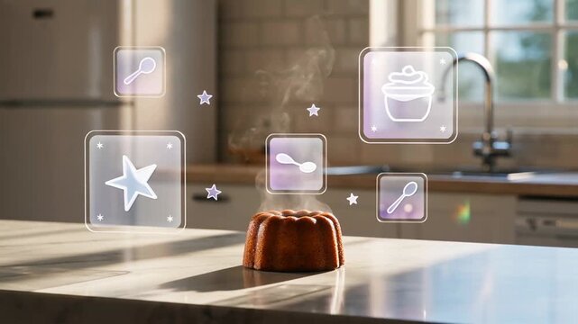 A freshly baked bundt cake emits steam while surrounded by digital icons representing baking tools and decorations, in a bright kitchen setting