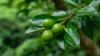 Green unripe camellia fruit developing on a branch, growing in nature, close up view of fresh botanical produce outdoors in summer, copy space