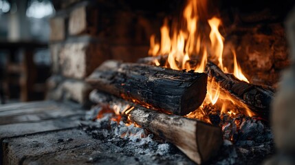 Roaring fire burning brightly in a stone fireplace with dancing orange and yellow flames consuming wooden logs in a warm, cozy atmosphere.