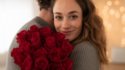 Woman receiving a beautiful bouquet of red roses from her partner, enjoying a romantic moment together, celebrating love and affection on a special occasion