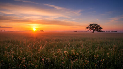 Majestic sunrise over foggy meadow landscape featuring solitary oak tree against vibrant orange and blue sky