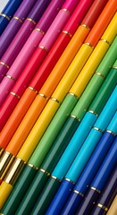 Vibrant colored pencils arranged diagonally with gold accents on colorful background