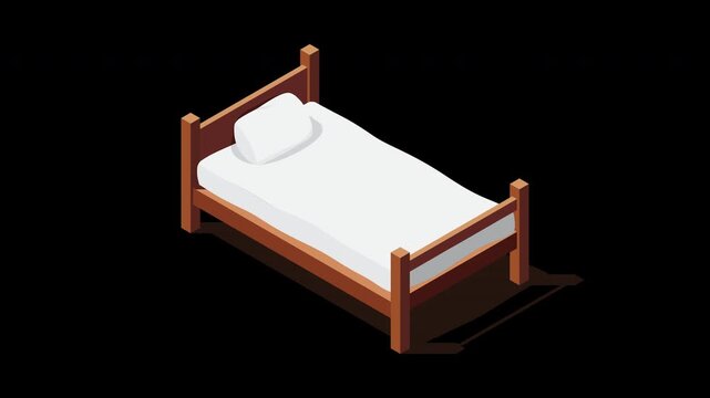 Isometric wooden bed with mattress animation. Isometric single bed. Wooden bed frame with mattress and pillow. Isometric bedroom furniture. Transparent background with alpha channel