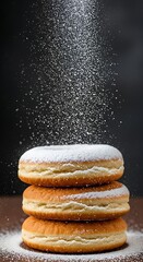 Stacked donuts with powdered sugar falling on top sweet treats on a dark background