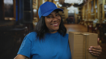 Smiling woman wearing cap in blue uniform holds large cardboard box with hand in building; friendly service.