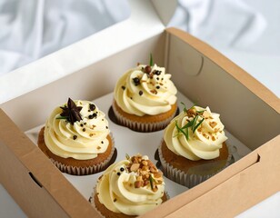 Gourmet cupcakes in kraft bakery box with transparent window lid