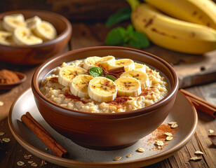A hearty bowl of oatmeal topped with fresh banana slices and cinnamon, styled with whole bananas and cinnamon sticks.