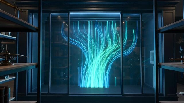 Futuristic display with glowing blue and green tree-like patterns in a sleek room filled with books and antique items