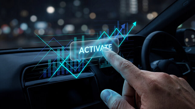 Hand touching a holographic ACTIVATE button on a futuristic car dashboard with rising growth charts. Concept of autonomous driving, smart vehicle technology, and real-time digital data analysis. - Powered by Adobe