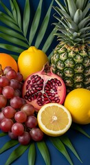 Fresh tropical fruit arrangement with pineapple pomegranate grapes and citrus on palm leaves