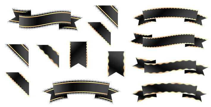 Luxury black and gold ribbon banner set. Premium metallic  dark silk labels for Black Friday sales, grand opening ceremonies, and high-end product quality certification.
