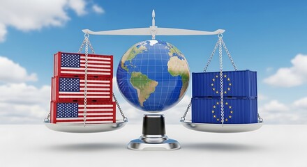 Global trade balance concept with usa and europe on scales with earth