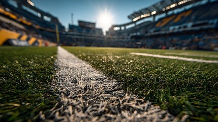 Ground-level view of an American football field with selective focus on the artificial turf and yard lines against a stadium background.
