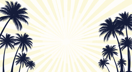 Fototapeta premium Tropical sunset background with dark silhouettes of palm trees against a pale yellow sunburst or radial beam effect.