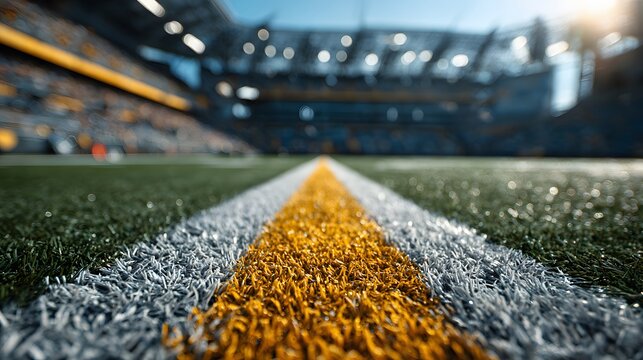 Ground-level view of an American football field with selective focus on the artificial turf and yard lines against a stadium background.