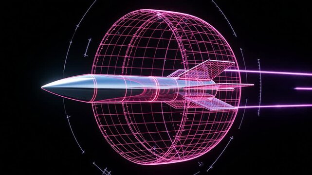 Futuristic rocket design in vibrant pink neon against a dark background, visualizing advanced aerospace technology