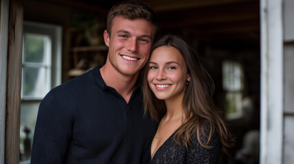 Fototapeta premium Smiling couple standing in the doorway of a rustic house, faceless lifestyle portrait, warm tones, welcoming atmosphere, with copy space