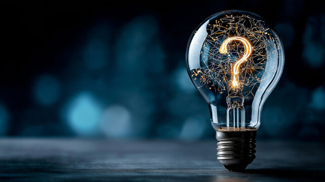 Illuminated light bulb with question mark symbolizing innovative ideas and engaging quizzes in promotional campaigns, inquiry illumination, with copy space
