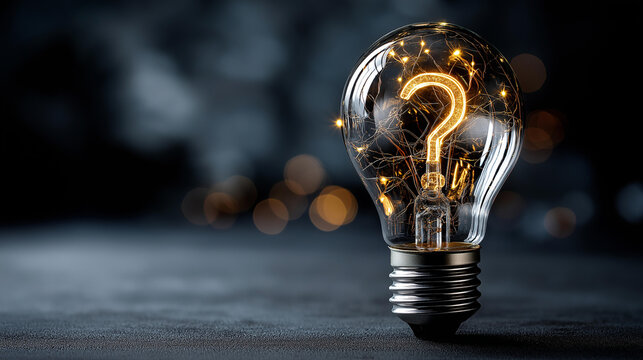 Illuminated light bulb with question mark symbolizing innovative ideas and engaging quizzes in promotional campaigns, inquiry illumination, with copy space - Powered by Adobe