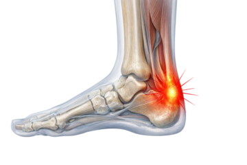 Human ankle joint anatomy with bones tendons ligaments plantar fascia and pain inflammation highlighted detailed medical illustration isolated on white background