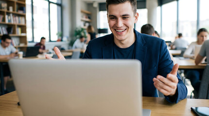 Smiling young professional in coworking space gesturing during video conference behind laptop collaborative startup teamwork and remote communication