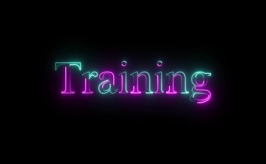 Glowing neon training text icon animates with pulsing light, smooth looping motion, futuristic colors, symbolizing learning, skills development, education, digital platforms, modern branding visuals,