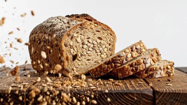 Crusty seeded bread loaf on a dark wooden table, slices arranged near the loaf, rustic and hearty.!!