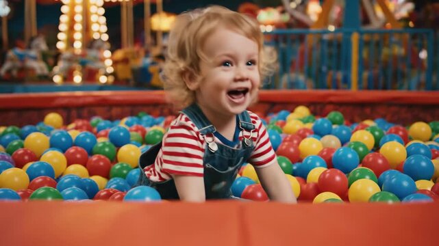 A joyful child plays in a ball pit, amusement park rides blurred in the background