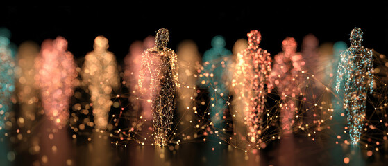 A captivating network of glowing figures is interconnected by bright lines, creating an inviting yet futuristic atmosphere. This scene pulses with life and energy