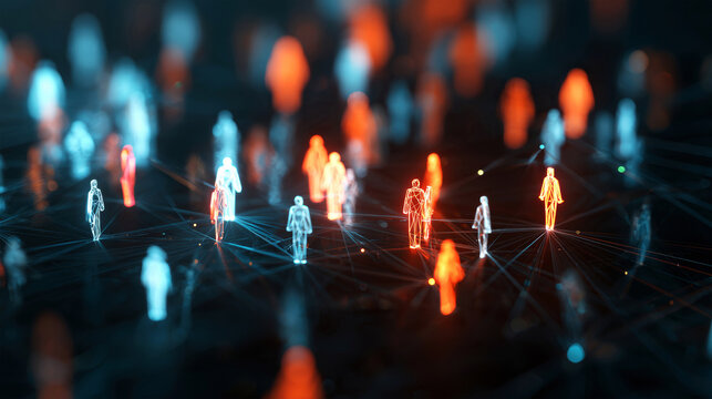 Vivid, multicolored figures radiate warmth, showcasing a dynamic social network across a dark background, illuminated by connecting light lines - Powered by Adobe