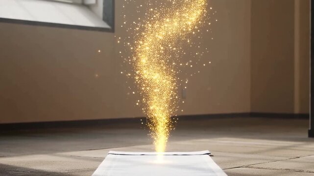 Golden sparkles emerging from a flat surface in an empty room, showcasing a serene atmosphere with soft lighting and minimalistic design