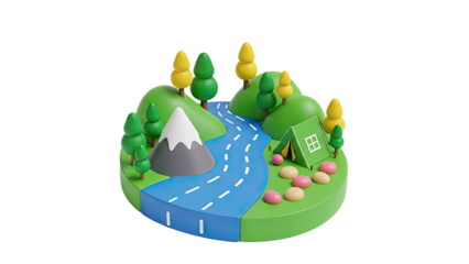 Isometric 3D Camping Scene with River and Mountain