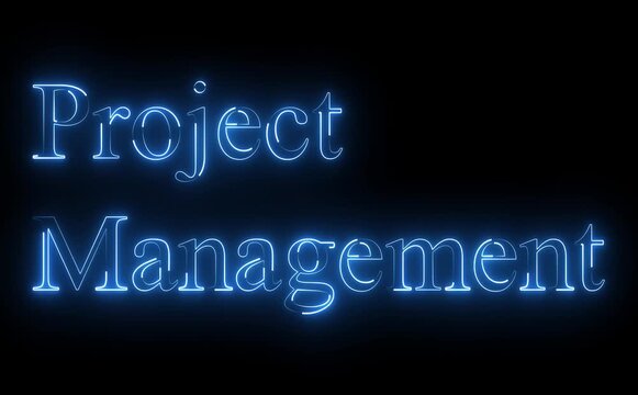 Glowing neon project management text icon animates with pulsing light, smooth looping motion, futuristic colors, symbolizing planning, collaboration, timelines, productivity, digital tools, modern bra