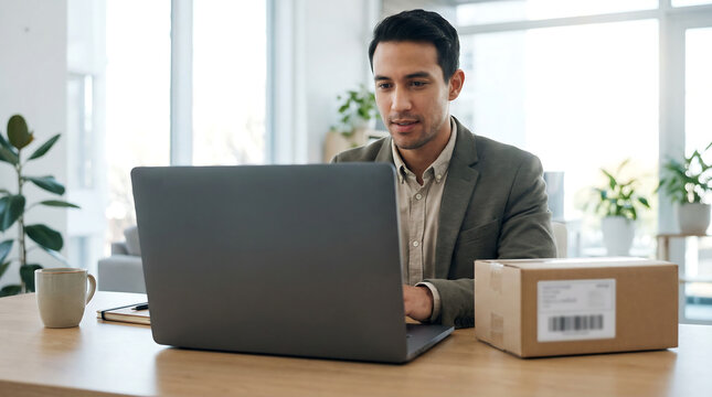 Small business owner managing ecommerce shipping order fulfillment with laptop and parcel box on desk home office logistics delivery and online retail concept
