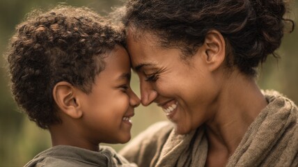 Fototapeta premium Loving African American Mother and Son Bonding in Tender Embrace, Celebrating Family Love and Togetherness