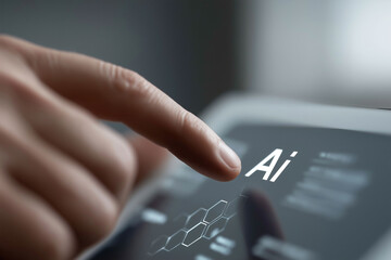 Finger taps AI interface on tablet, showing futuristic dashboard controls.​