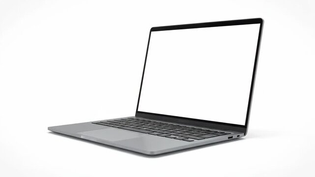 A silver laptop with a blank screen, angled, on a white background
