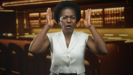 Woman with hands raised beside head, palms visible and mouth open, wearing white sleeveless vest,...