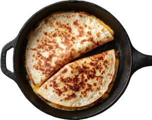 Quesadilla cut into halves, sitting in a cast iron skillet