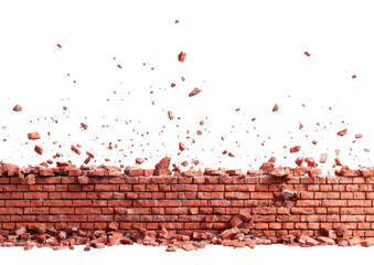 Crumbling brick wall with debris scattering in air