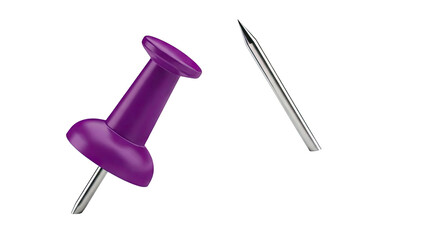 Purple Pushpin and Metal Pin on White Background