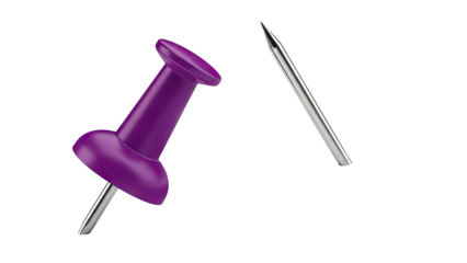 Purple Pushpin and Metal Pin on White Background