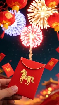 Chinese New Year celebration featuring red and gold holiday decorations with festive ribbons and winter snowflakes on an artistic vector background for a new year gift card design