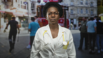 Fototapeta premium Woman doctor in white coat with yellow stethoscope faces camera on street, hands relaxed at sides; determination duty.